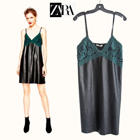 ZARA NEW Goth Embroidered-Lace Sweetheart Faux Leather Spaghetti Strap Dress M - Picture 1 of 11